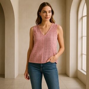 Joie XS Sleeveless Eyelet Cotton Top Pink Boho Crochet Detail Blouse